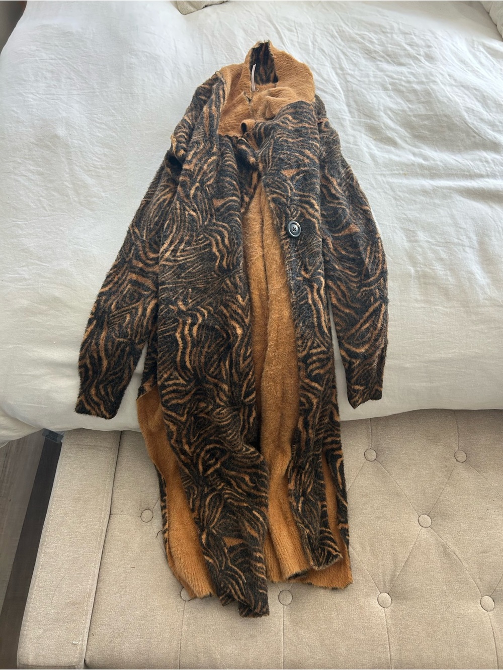Anthropologie Long Teddy Coat in Brown and Black Abstract Pattern